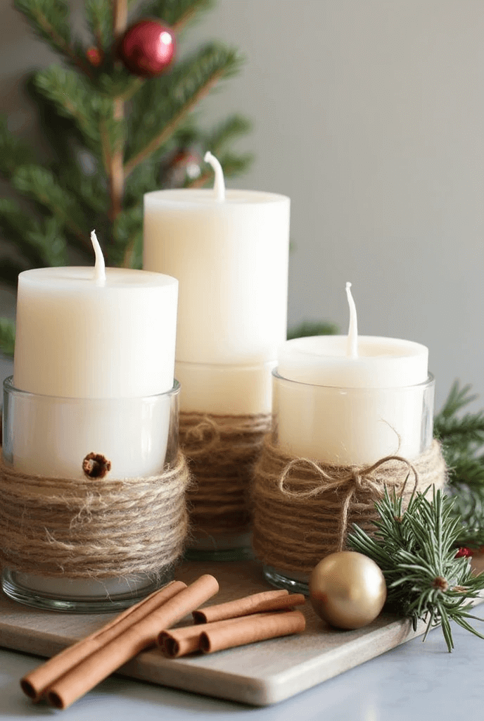 velas decoradas para o natal. Canela e barbante trazem um toque rústico e delicado.