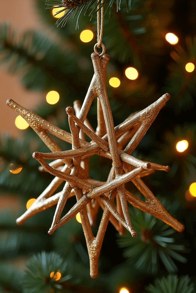 Estrela de galhos pintadas de dourado, Um enfeite natalino diferente perfeito para decorar a árvore de natal.