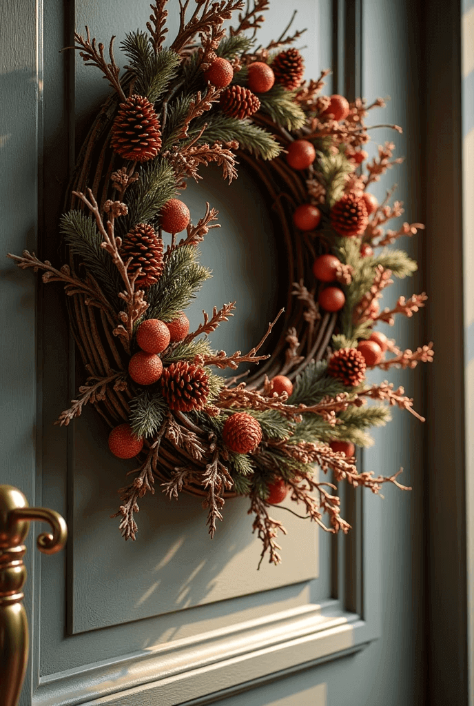 Guirlanda de natal feira de galhos secos com detalhes de pinhas e ramos de pinho.