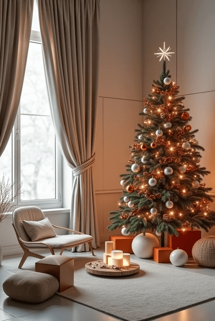 Árvore de natal decorada com branco e terracota. Enfeites grandes mostram a tendência do momento.