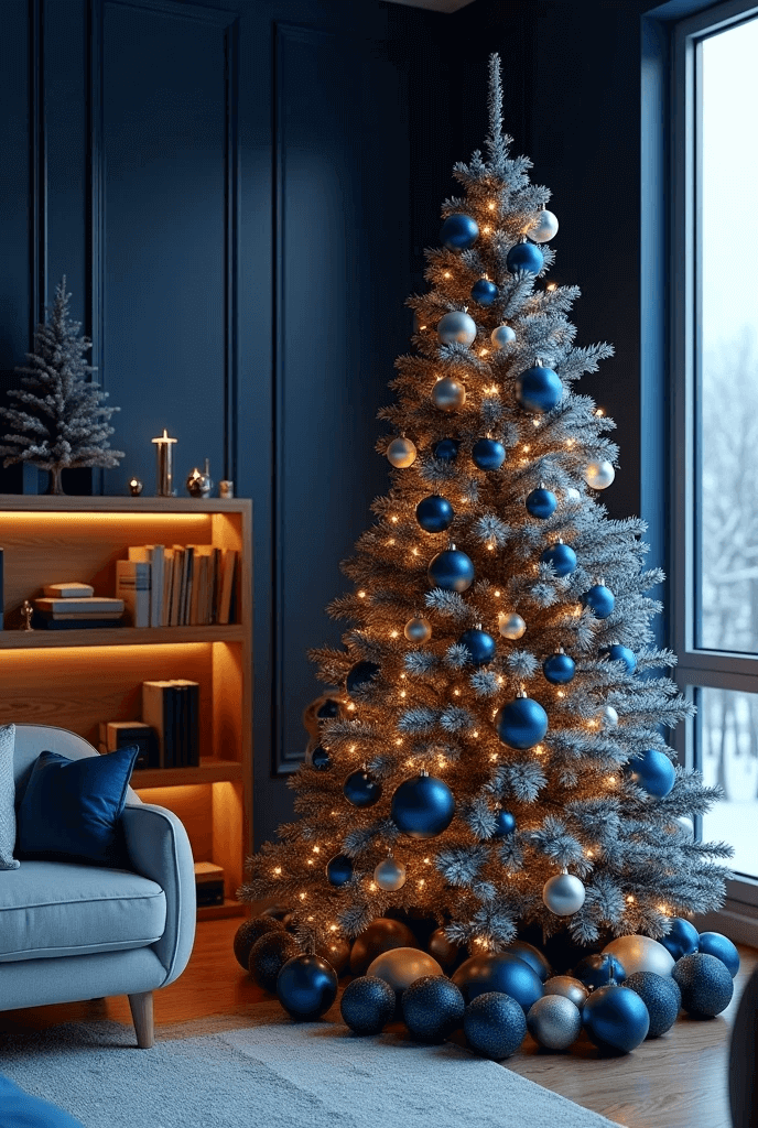 Sala com árvore de natal com decoração nas cores azul e branco, sofisticação e aconchego transbordam nesse ambiente.