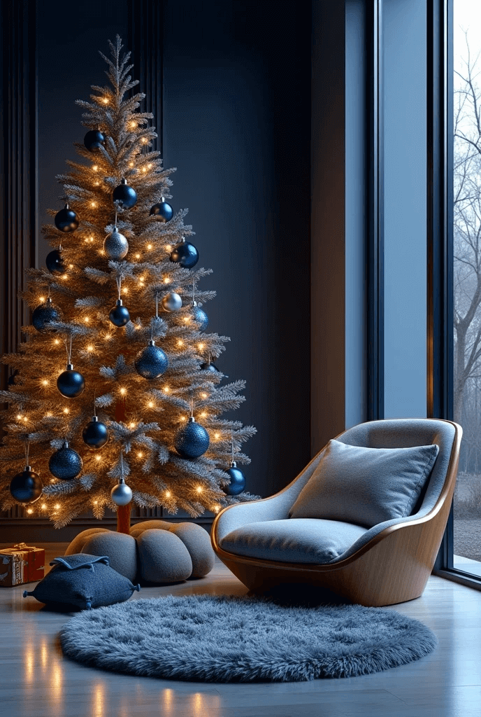 Sala com árvore de natal. Enfeites natalinos azul e branco, refletem a sofisticação e toda a elegância de uma ambiente minimalista.