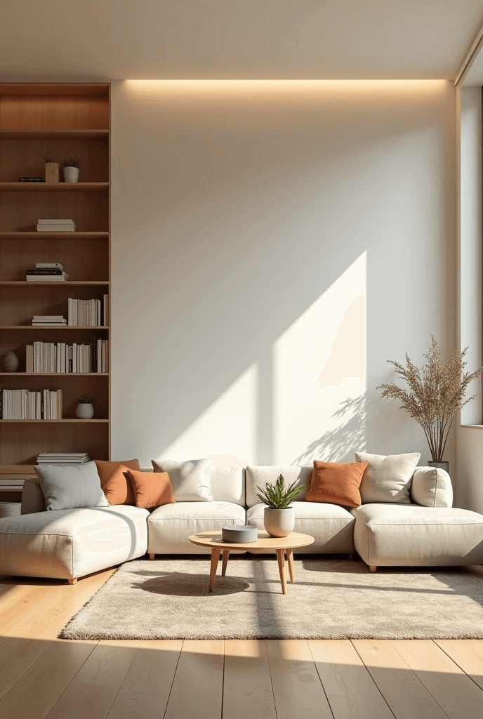 Sala de estar, prateleiras com livros e poucos adornos refletem a essência do minimalismo.
