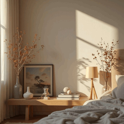 Mesa de apoio ao lado da cama com quadros, livros e objetos afetivos, formando um pequeno altar de memória e calma em meio à luz suave da manhã.