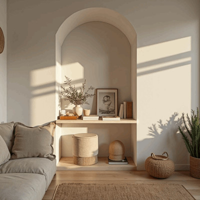 Nicho decorado na sala com plantas, livros e retrato emoldurado, compondo um espaço íntimo que reflete identidade e memória afetiva.