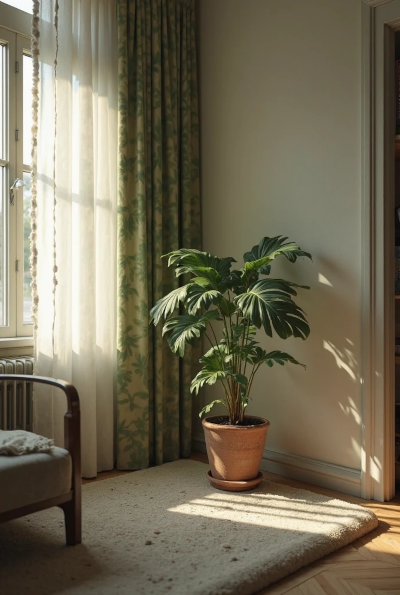 Canto de sala iluminado por luz natural suave, com uma planta em vaso de barro sobre um tapete claro, ao lado de uma janela com cortinas estampadas. A cena transmite leveza, silêncio e um pedido sutil de atenção ao espaço.

