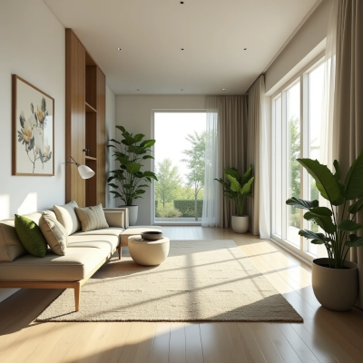 Sala de estar com ampla entrada de luz natural, tapete centralizado, plantas saudáveis e móveis bem distribuídos. O ambiente transmite equilíbrio, leveza e sensação de fluxo livre pelo espaço.

