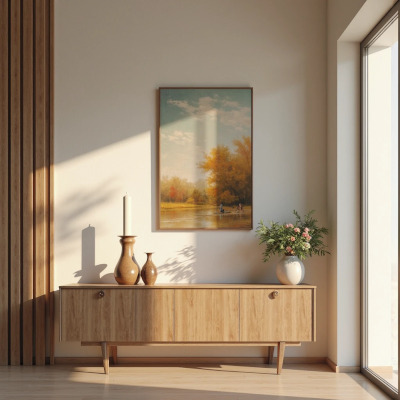 Aparador de madeira com arranjo floral, castiçais e vasos decorativos posicionados com intenção. Ao fundo, um quadro de paisagem e luz natural entrando pela lateral. A composição transmite harmonia, significado e presença silenciosa.

