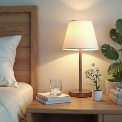Detalhe de um criado-mudo ao lado da cama com abajur aceso, copo com água, livros e um pequeno vaso com flores. A cena transmite leveza, funcionalidade e cuidado com os objetos próximos ao momento do sono.