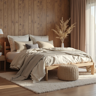 Quarto iluminado por luz natural suave, cama com cobertas em tons neutros, manta dobrada e almofadas em camadas. Piso de madeira, tapete macio e elementos decorativos naturais criam uma atmosfera sensorial e acolhedora.

