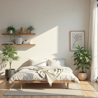 Quarto minimalista no estilo escandinavo com cama baixa de madeira clara, roupa de cama neutra, plantas naturais e luz suave do sol entrando pela janela – ambiente calmo e acolhedor.