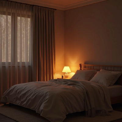 Quarto à noite com luz indireta de abajur aceso ao lado da cama. A iluminação âmbar cria um ambiente aconchegante, com cortinas fechadas e cama arrumada em tons neutros. A cena transmite calma, silêncio e preparação para o sono.


