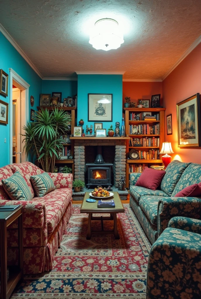 Sala de estar com muitos elementos visuais: paredes coloridas, estampas intensas nos sofás, prateleiras cheias de objetos e livros. O ambiente transmite estímulo visual intenso e sobrecarga sensorial.

