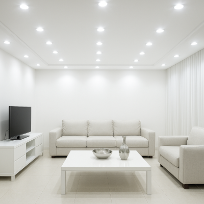 Sala minimalista com paredes, móveis e objetos completamente brancos, iluminação forte com múltiplos spots de LED no teto. O ambiente transmite excesso de claridade e sensação de frieza e estímulo visual contínuo.
