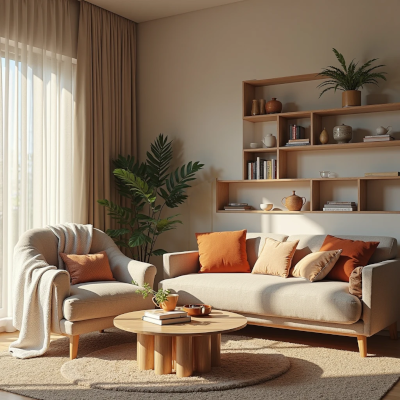 Sala de estar aconchegante com sofá claro, almofadas em tons terrosos, planta ao lado e prateleiras com objetos organizados. A luz natural entra pela janela, criando uma atmosfera calma e convidativa ao descanso.