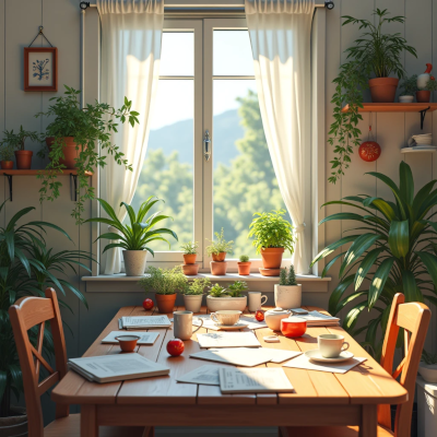Ambiente de sala de jantar com decoração acolhedora e toque natural. Mesa de madeira com livros, papéis, xícaras e tomates espalhados, sugerindo um momento de criação ou estudo. Ao fundo, uma janela com cortinas brancas deixa a luz natural entrar, iluminando várias plantas verdes em vasos, criando uma atmosfera leve, tranquila e inspiradora.