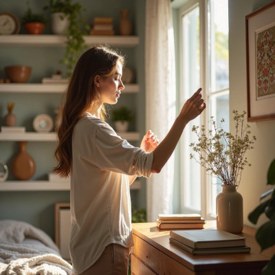 Mulher em um quarto iluminado pela luz suave da manhã, posicionando um objeto sobre uma cômoda ao lado de livros e um vaso com flores secas. Ao fundo, prateleiras com cerâmicas e plantas. A cena transmite cuidado, reconexão com o espaço e intenção nos pequenos gestos.