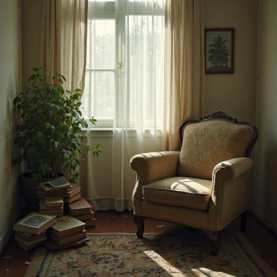 Canto de uma sala com uma poltrona estofada clássica ao lado de uma planta e uma pilha de livros empilhados no chão. A luz natural entra suavemente pela janela com cortinas claras, criando um ambiente silencioso e nostálgico.