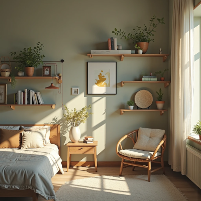 Quarto com decoração leve e acolhedora, prateleiras com plantas, livros e objetos afetivos, cadeira de madeira com almofada e janela com cortina branca. A luz do sol ilumina o ambiente, que transmite paz, organização e intenção.