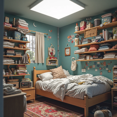 Quarto com prateleiras lotadas, objetos diversos nas paredes e cama bagunçada. A decoração vibrante e o excesso de estímulos visuais criam uma atmosfera de desorganização e cansaço emocional.