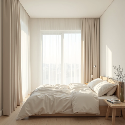 Quarto minimalista em tons neutros, com cama clara, luz natural suave e decoração escandinava que transmite calma e aconchego.