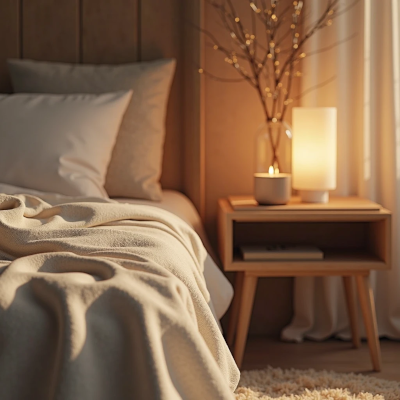 Detalhe de cama com manta dobrada e travesseiros claros ao lado de um criado-mudo com vela acesa e abajur de luz quente. A cena transmite conforto tátil, intimidade e preparação consciente para o descanso.