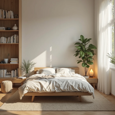 Quarto iluminado com luz natural suave, cama de casal com lençóis claros e cabeceira de madeira, planta grande ao lado e estante com livros. O ambiente transmite acolhimento, leveza e equilíbrio sensorial para o descanso.
