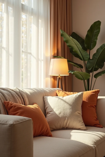 Sala de estar com sofá bege decorado com almofadas em tons terrosos, como laranja queimado e areia. Ao fundo, uma luminária de chão com luz suave ao lado de uma planta de folhas largas, criando uma atmosfera aconchegante, iluminada por luz natural que entra pelas cortinas leves.