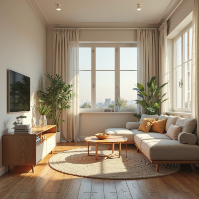 Sala de estar com decoração escandinava e atmosfera leve. Ambiente com sofá em tom claro, almofadas em bege e caramelo, tapete redondo de fibra natural e mesa de centro de madeira. As janelas amplas com cortinas de linho permitem a entrada de luz natural, destacando o piso de madeira e as plantas verdes que trazem frescor ao espaço.