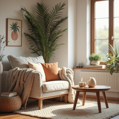 Canto de leitura com decoração escandinava e toque natural. Poltrona estofada em tom claro com manta de textura grossa e almofadas em bege e terracota. Mesa de apoio de madeira com velas acesas, criando uma atmosfera aconchegante. Ao fundo, parede branca com quadro de arte botânica, plantas verdes e janela com luz natural suave preenchendo o ambiente.