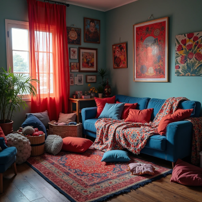 Sala com excesso de estímulos visuais: decoração carregada, cores fortes, objetos acumulados e luz intensa. A cena transmite uma atmosfera inquieta, sugerindo que o espaço continua exigindo mesmo quando o corpo precisa parar.