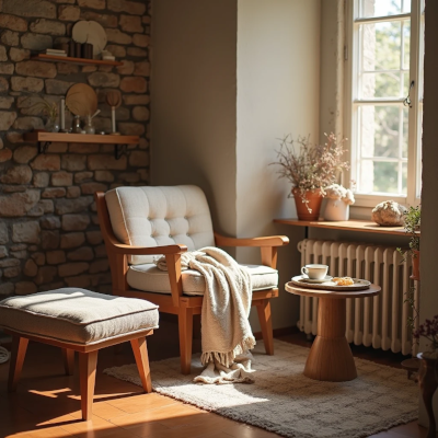 Detalhe de uma poltrona com manta dobrada e apoio para os pés ao lado de uma bandeja com chá. A composição simples e delicada transmite a ideia de cuidado, presença e permissão para o corpo descansar.