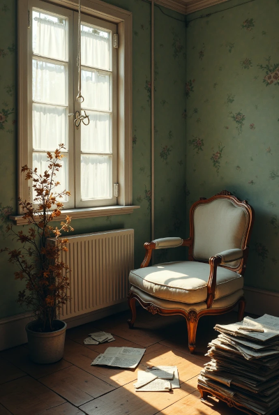 Canto de uma sala com livros empilhados, objetos fora do lugar e uma planta levemente murcha. A luz entra suavemente pela janela, criando sombras. A cena transmite leve abandono e um espaço que foi deixado de lado.
