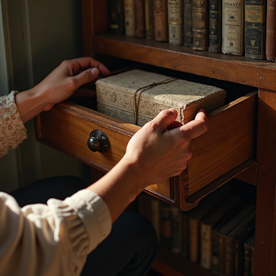 Mãos alcançando uma gaveta antiga ou organizando objetos esquecidos em um canto da estante. A luz do entardecer destaca o gesto silencioso de reconexão com o ambiente.

