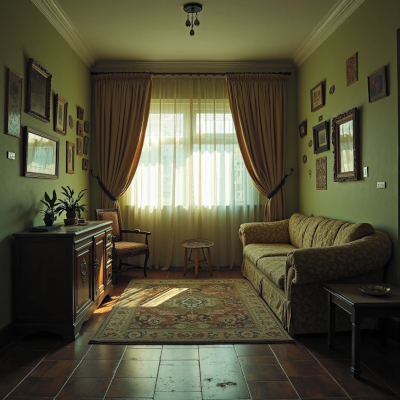 Sala com móveis escuros e volumosos, cortinas pesadas parcialmente fechadas e pouca luz natural. A cena transmite abafamento visual e sensação de energia parada no ambiente.

