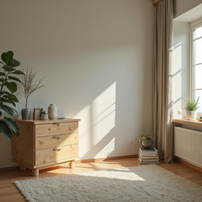 Canto de sala com móvel levemente afastado da parede e porta de armário entreaberta. A luz natural suave destaca pequenas mudanças que indicam fluxo e renovação do ambiente.