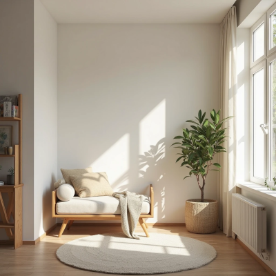 Ambiente claro e arejado com janelas abertas, piso livre, planta saudável no canto e poucos móveis bem posicionados. A cena transmite leveza, ordem natural e presença no espaço.