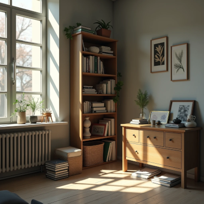 Canto de sala com estante e aparador de madeira, repletos de livros, plantas e objetos decorativos diversos. A luz natural entra suavemente pela janela, iluminando o chão onde também há livros empilhados. A cena transmite leve acúmulo afetivo e a sensação de um espaço vivido, pronto para ser revisitado com intenção.