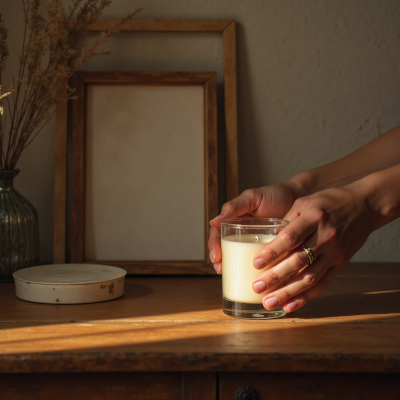 Mãos segurando delicadamente um objeto afetivo sobre uma mesa com outros itens simbólicos. A luz quente do fim da tarde revela texturas suaves. A imagem transmite pausa, presença e decisão consciente.