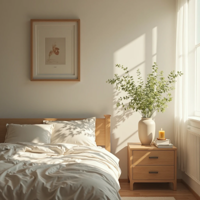 Ambiente leve com poucos objetos sobre um aparador: vaso com planta, vela acesa e livro fechado. A luz natural suave preenche o espaço, que transmite leveza, clareza e reencontro com o essencial.
