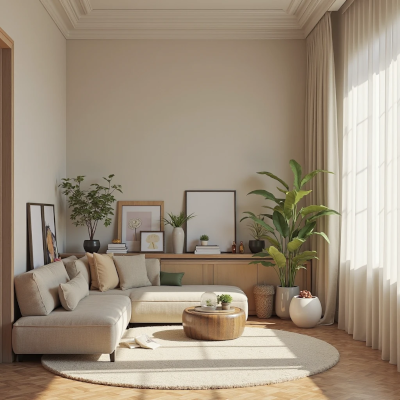 Canto de sala com objetos diversos e desconectados entre si, incluindo livros empilhados, quadros encostados e decoração sem unidade visual. A cena transmite acúmulo emocional e falta de escolha consciente.