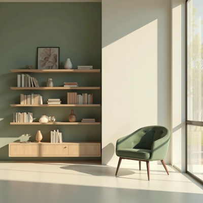 Espaço interno iluminado por luz natural, com cadeira voltada para uma estante de objetos afetivos. A imagem sugere contemplação, pausa e presença no ambiente.