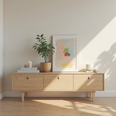 Ambiente limpo e organizado com poucos objetos bem escolhidos, como vaso com planta e quadro centralizado. A cena transmite leveza, intenção e renovação.
