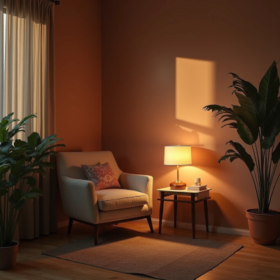 Canto de uma sala iluminada por luz indireta vinda de um abajur ou luminária embutida. A composição transmite aconchego, com sombras suaves e atmosfera serena, sugerindo desaceleração e acolhimento.