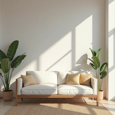 Sala reorganizada com móveis reposicionados de forma leve e intencional. Um sofá afastado da parede, planta próxima à luz natural e tapete centralizado indicam uma mudança sutil no fluxo do ambiente.

