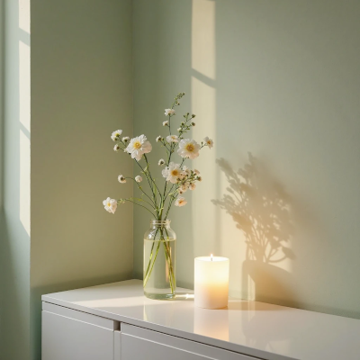 Vaso com flor fresca sobre um aparador limpo, ao lado de uma vela ou objeto decorativo afetivo. A cena transmite simplicidade com presença, revelando como pequenos gestos transformam o clima da casa.

