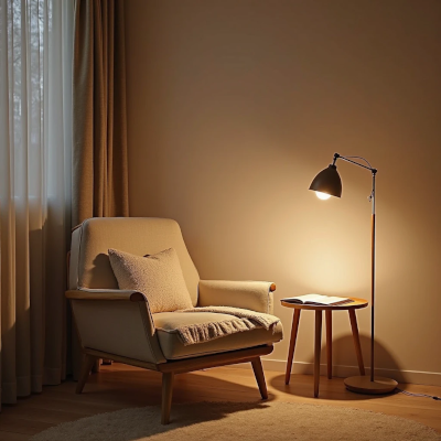 Canto com poltrona, luminária suave e livro aberto sobre uma mesinha lateral. A iluminação indireta e os tons neutros criam uma atmosfera de pausa e recolhimento silencioso.