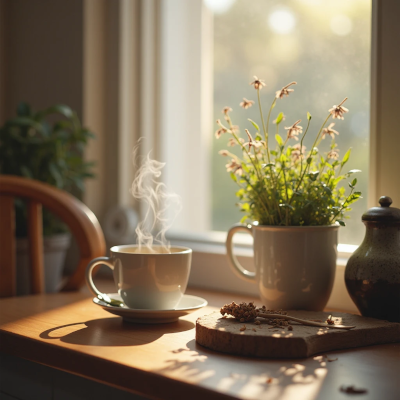 Caneca de chá quente sobre balcão ou armário, próxima a uma janela com luz suave. A composição simples transmite desaceleração, afeto cotidiano e presença no gesto.