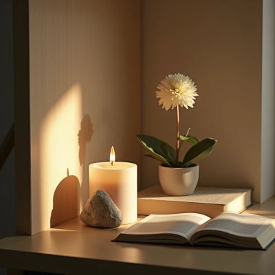Pequeno altar afetivo com vela acesa, flor solitária e livro fechado sobre um aparador. A cena transmite sentido, ritual e pausa simbólica na rotina.

