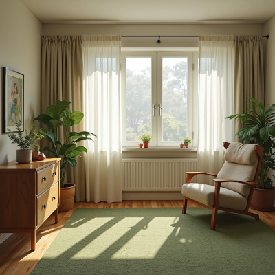 Sala com móveis familiares reposicionados, luz natural suave e uma planta próxima à janela. A cena transmite sensação de renovação sem consumo, mostrando como pequenas mudanças no espaço criam fluxo e leveza.